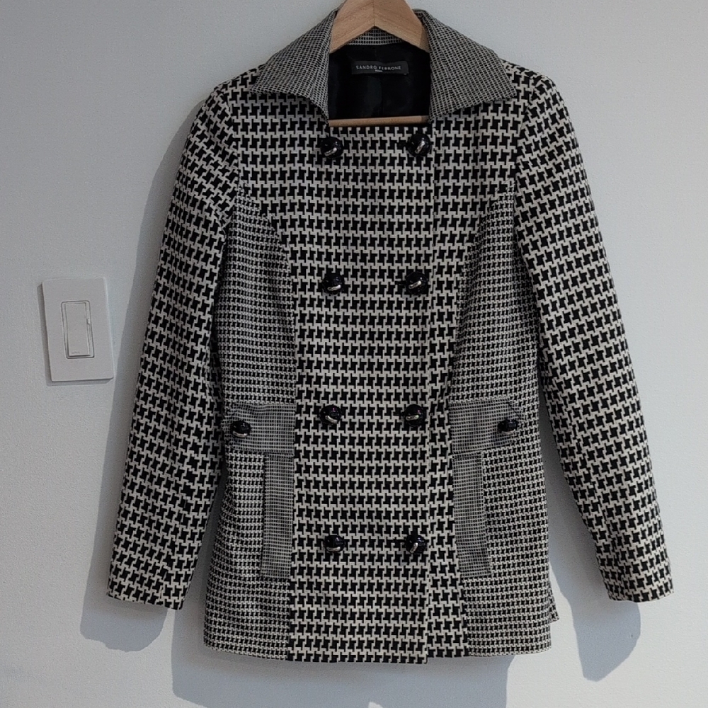 Sandro Ferrone Black & White Houndstooth Double Breasted Peacoat/Blazer Size 8